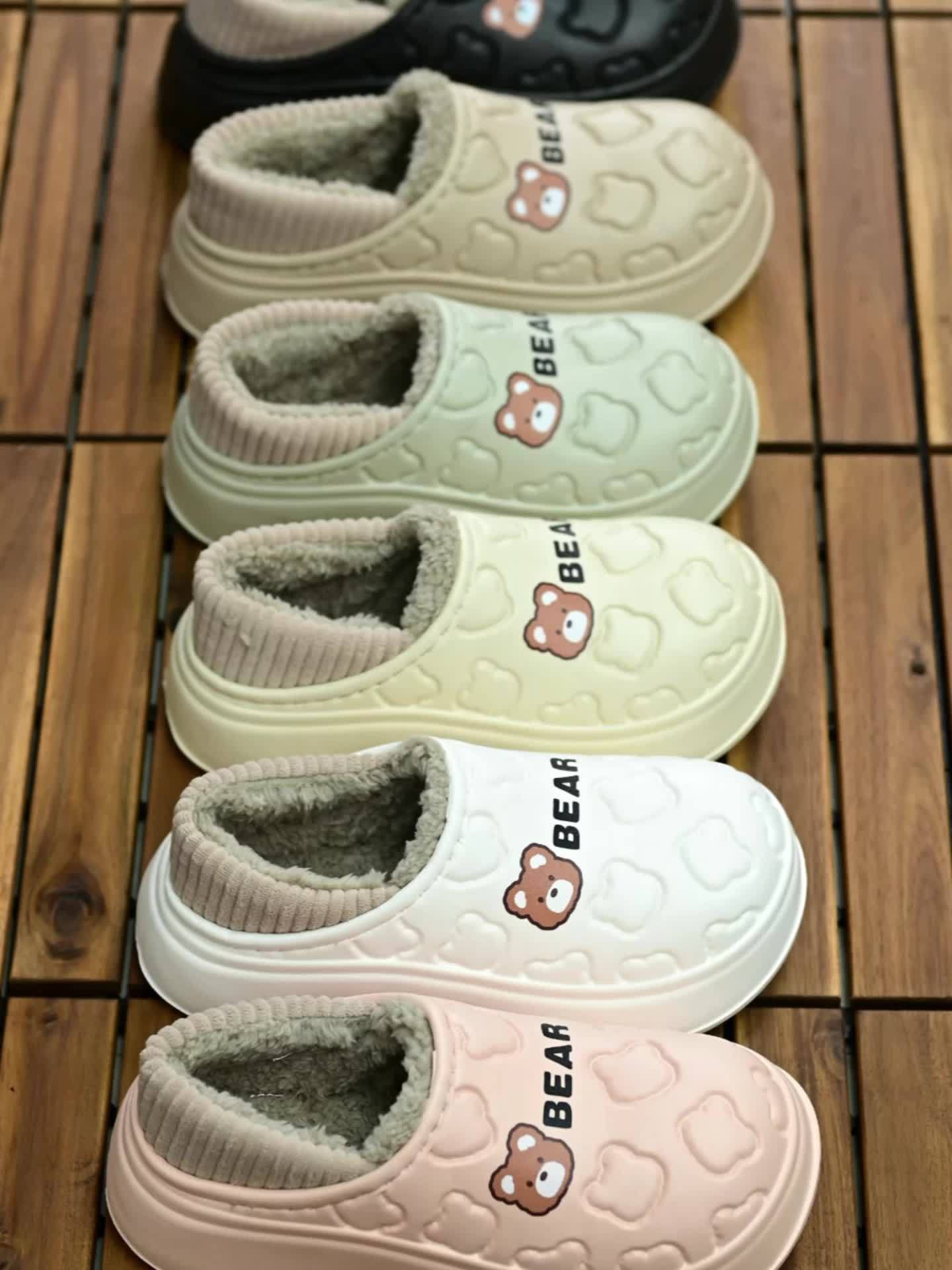 Cute Bear Waterproof Slippers, Cozy & Warm Plush Lined Slip On Shoes, Winter Indoor & Outdoor Slippers