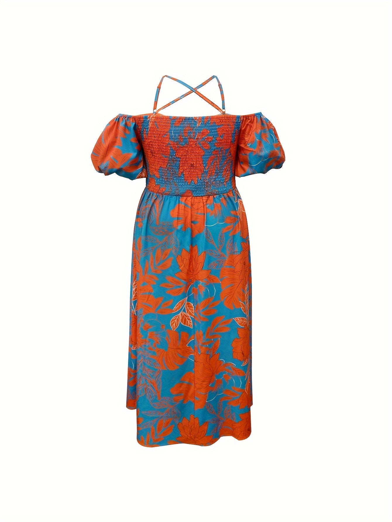Vestido con cuello cruzado y estampado tropical de talla grande, estilo vacacional, con mangas abullonadas y dobladillo dividido, para primavera y verano, ropa de talla grande para mujer.