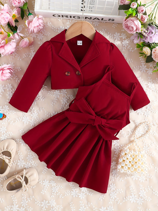 Baby Girls Fashion Button Long Sleeve Lapel Collar Coat + Bow Pleated Suspender Skirt Two-piece Set Outdoor Clothing