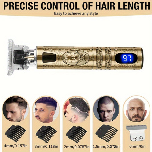 Cortapelos y recortadora de barba para hombre, eléctrica inalámbrica con pantalla LCD, cuchilla en T de precisión, kit de aseo recargable por USB, afeitadora eléctrica con peine guía.