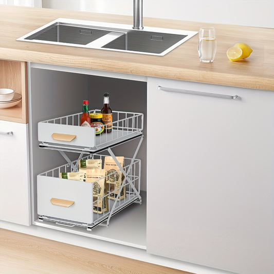 Closet Folding Storage Rack, 2-Layer Pull-Out Spice Rack, Wooden Handle, For Sink Countertop Closet, 26x40x43cm
