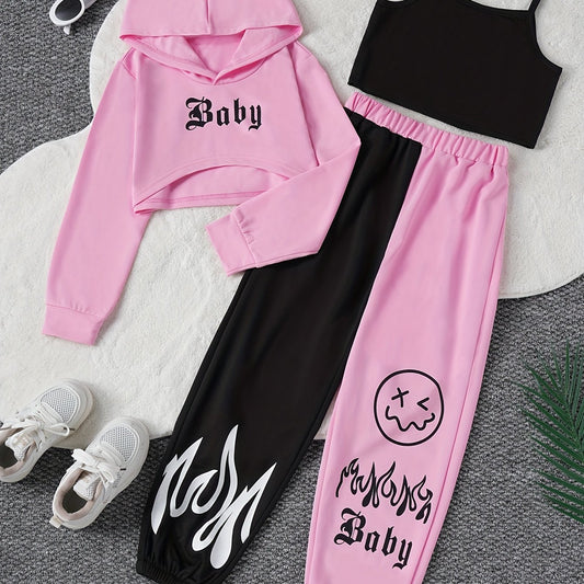 Color Clash 3pcs Girls casual outdoor clothing Set, Long Sleeve Crop Hoodie Top + Camisole + Trousers - Spring/Fall Clothes, Casual Outfit, Gift
