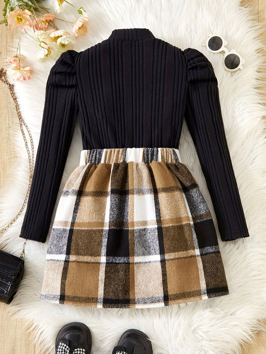 Elegant Girls' 2pcs Set: Mock Turtleneck Long Sleeve Top with Asymmetrical Plaid Skirt & Waist Detail - Machine Washable, Polyester Blend