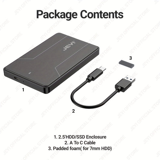 Carcasa JEYI para disco duro externo de 2,5", convertidor de tipo C 3.1 a SATA III, compatible con discos duros/SSD SATA de 7 mm/9,5 mm, instalación sin herramientas, compatible con UASP, material ABS duradero