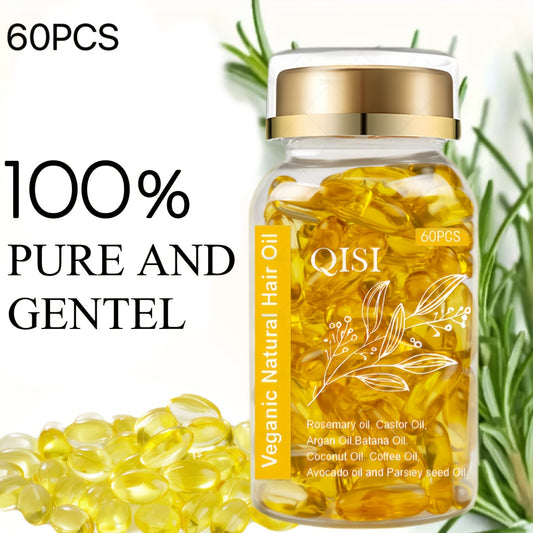 60 Capsules of Natural Hair Essence Capsules, Containing Rosemary, Jojoba Oil, Argan Oil, Coconut Oil, Vegan Natural Essential Oils for Normal Hair, Make Hair Stronger, Make Hair Look Healthier, Suitable for All Hair Types