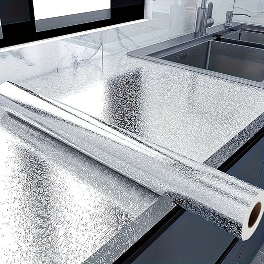 1 Roll Self-Adhesive Aluminum Foil Kitchen Stickers - Waterproof, Oil-Proof, High Temperature Resistant Wallpaper, Easy to Clean & Cut, Textured Surface for Cabinets, Stoves, and Countertops, Stove Area Cover | Modern Kitchen