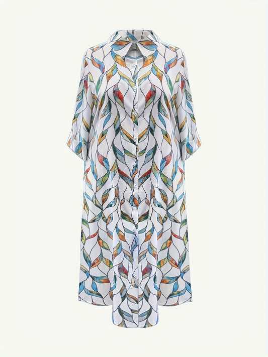 Plus Size Casual Printed Shirt Dress with Lapel Collar and Side Slit - Polyester Blend, Slight Stretch, Woven Fabric, Fits All Seasons - LY8744