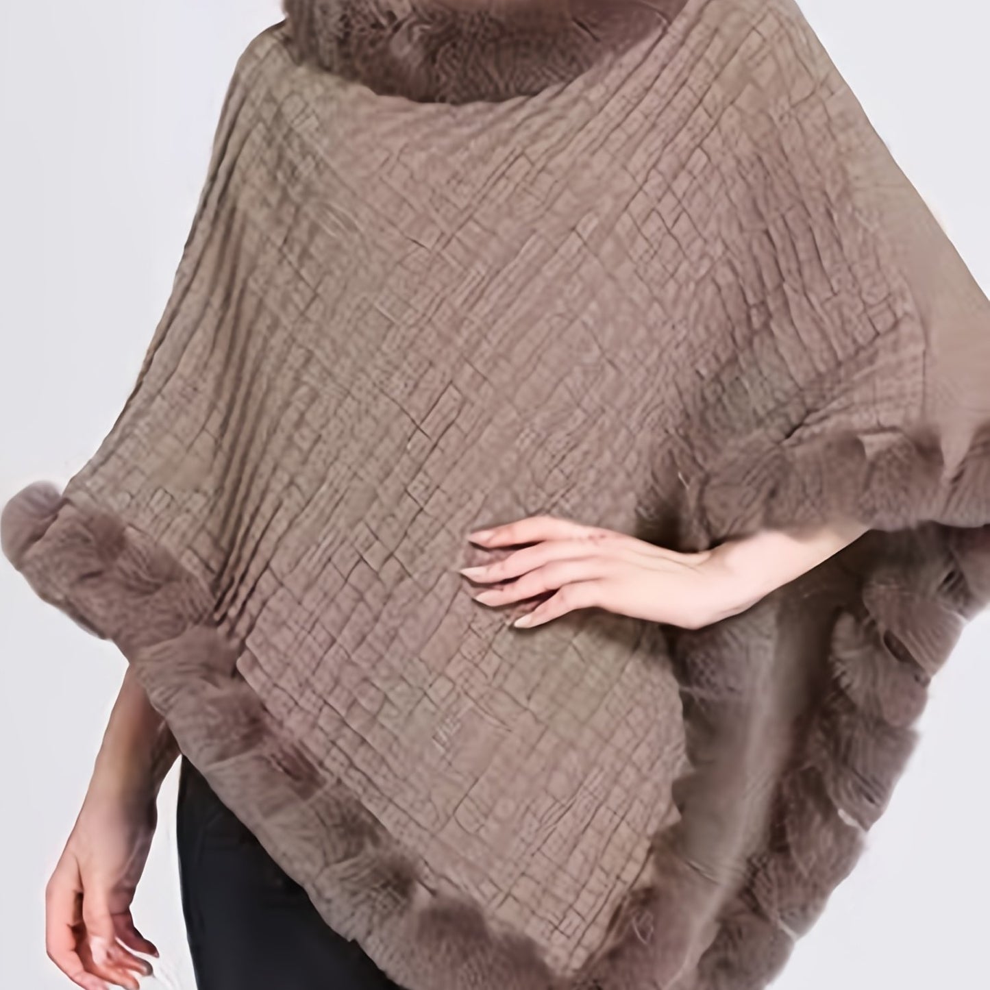 Women's Elegant Cream-Colored Knit Sweater with Faux Fur Trim - High Neck, Batwing Sleeves, Cozy Autumn/Winter Pullover Shawl Cape, Autumn Wardrobe Accessory|High Neck Pullover|Plush Lining