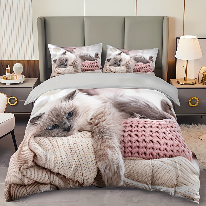 3pcs Cat Print Bedding Set - Includes 1 Duvet Cover & 2 Pillowcases, Breathable Polyester, Machine Washable - Perfect for All Seasons