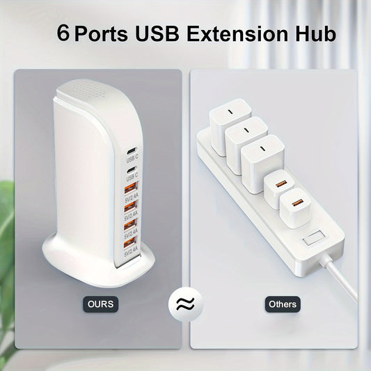 Charging Station/Phone Charger For Multiple Devices, Wall Charger Block 6 USB Ports 2 Type-C 4 USB-A, With Independent Power Cord, Type-C 3A Charging Tower For Charging Devices Like For iPhone/iPad Tablet, Suitable For Home/O