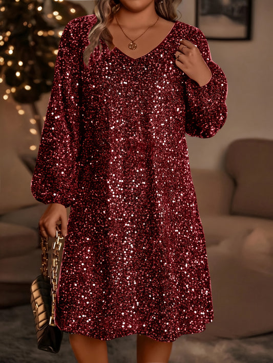 1pc Elegant Sequin Midi Dress - 100% Polyester V-Neck Long Sleeve Tunic with Contrast Sequin Detail, Loose Fit Knit Fabric Pullover for Night Out