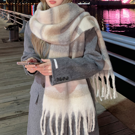 1 Elegant Maillard-Inspired Striped Chunky Knit Scarf for Women - Cozy Thickened Fleece Blend, Versatile Shawl with Tassels - Warm, Windproof & Decorative for Winter Outings - Cream and Gray