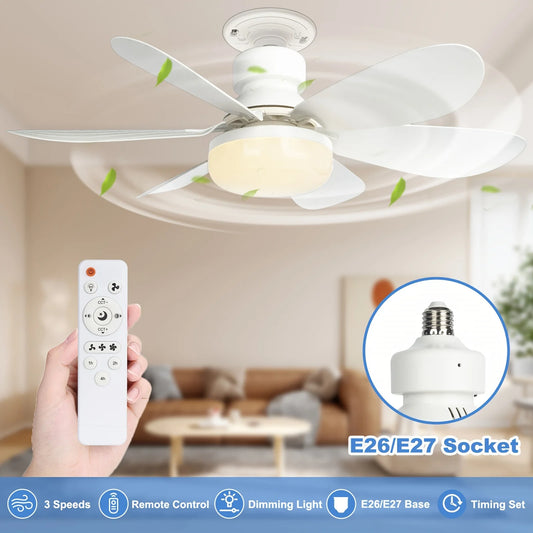 Ventilador de techo con enchufe de 40 W y luz, de 21,5", con tornillo, luz y control remoto, con enchufe E27 y LED para baño, dormitorio y cocina.