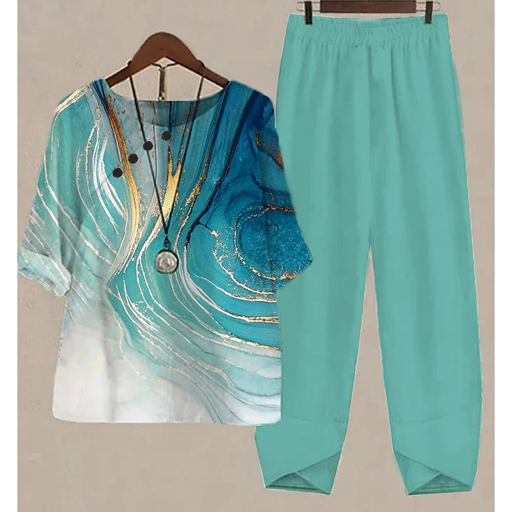 Nuevo conjunto de dos piezas para mujer, informal, cuello redondo, manga corta, estampado a rayas, top de verano para mujer, camiseta, pantalones holgados elegantes, trajes de otoño