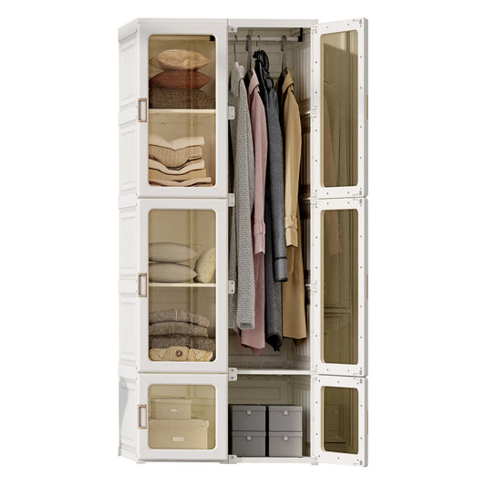 Anajqaqia 69x50x170cm Foldable Closet Wardrobe with 6 Cubes and 1 Hanging Rail, Multi-Purpose Cabinet with Magnetic Doors, PP