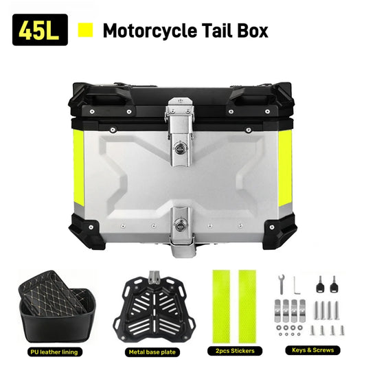 65/55/45L Aluminum Silvery Motorcycle Top Box Waterproof Rear Luggage Case Motorbike Trunk Tail Helmet Box Quick Release Toolbox
