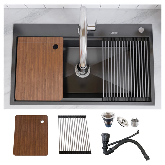MEJE 80 x 46 Cm Drop-in 11 Gauge Stainless Steel Workstation Kitchen Sink ,Large Single Bowl, Color Black,Grey
