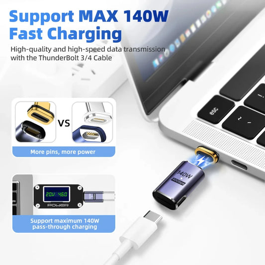 Adaptador Magnético USB C para Tipo C, Carregamento Rápido, Carga Magnética, Cabo Conversor, USB 4.0, 8K @ 60Hz, 140W, 40Gbps