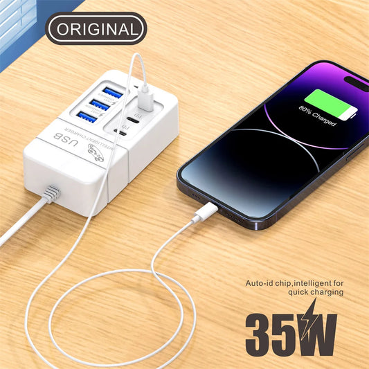 Adaptador Multifunções Carregador de Energia, Carregamento Rápido, 3 USB Tipo C, Desktop, Casa, Escritório, Escola, Viagem, Quarto, 35W, 6 Portas