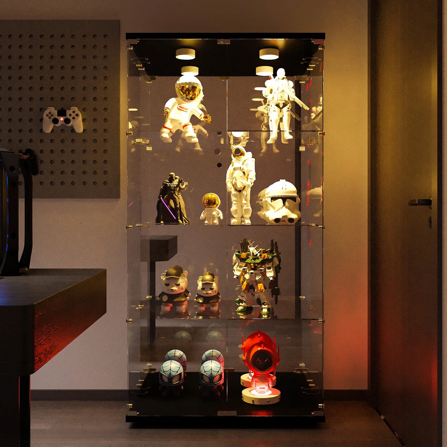 Rosahqnda glass cabinet with 4 shelves, 8 storage rooms with door, toys storage s wardrobe curio stand bookshelf