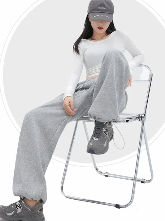 Calça reta de cintura elástica feminina, calça longa de carga, casual, casual, primavera, verão, 2022