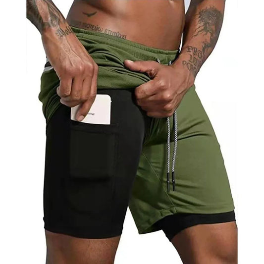 Calções esportivos de bolso embutido de fitness masculino verão 2 em 1 secagem rápida ginásio praia shorts correndo shorts de dois andares malha moletom