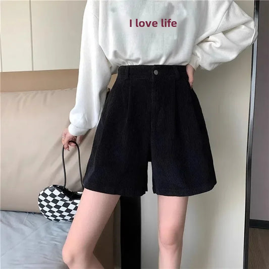 Calção de veludo de cintura alta feminino, casual, calça pequena de perna larga, calça básica versátil, outono, inverno