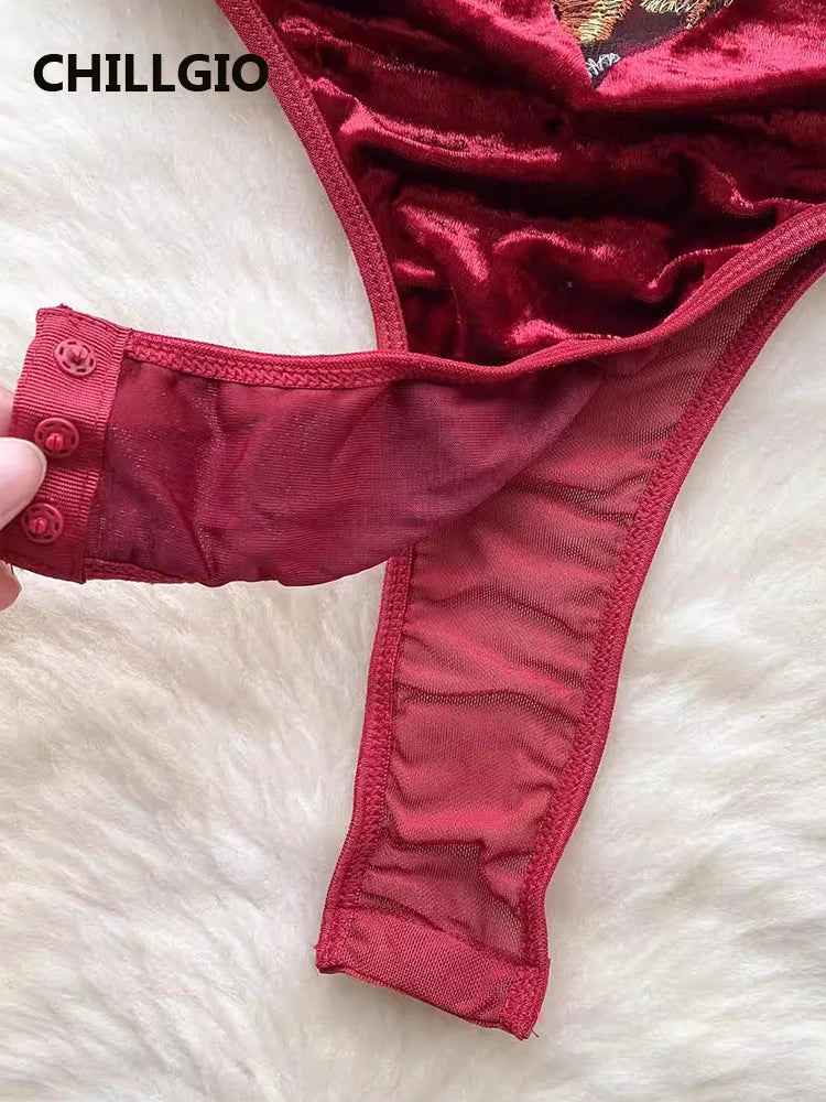 Chilligio Floral Bordado Veludo Strappy Rompers Lingerie, Moda Sexy Vintage Onesie, One Piece Combinação Catsuit para Mulheres