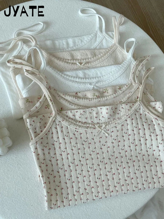 Colete de algodão feminino com estampa floral doce, ilhó com laço cortado coletes casuais com rendas finas regatas, estilo vintage formal, camisola fofa, Y2K