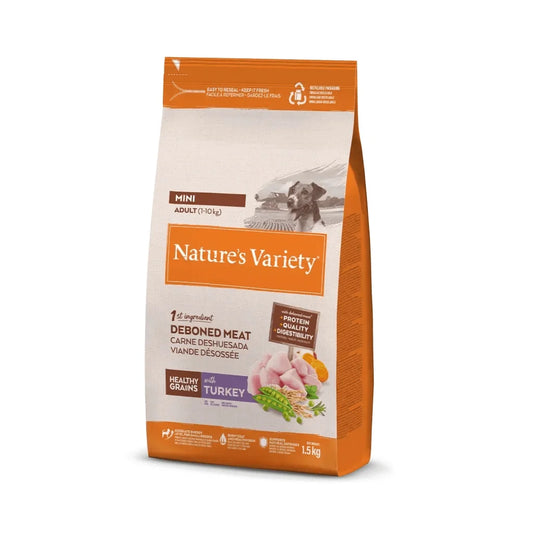 Nature's Variety Healthy Grain Adult Mini Turkey - Complete and balanced dog food for small breed adults with 20% turkey, enriched with fruits and vegetables, ensuring nutritious and tasty meals for your pet.