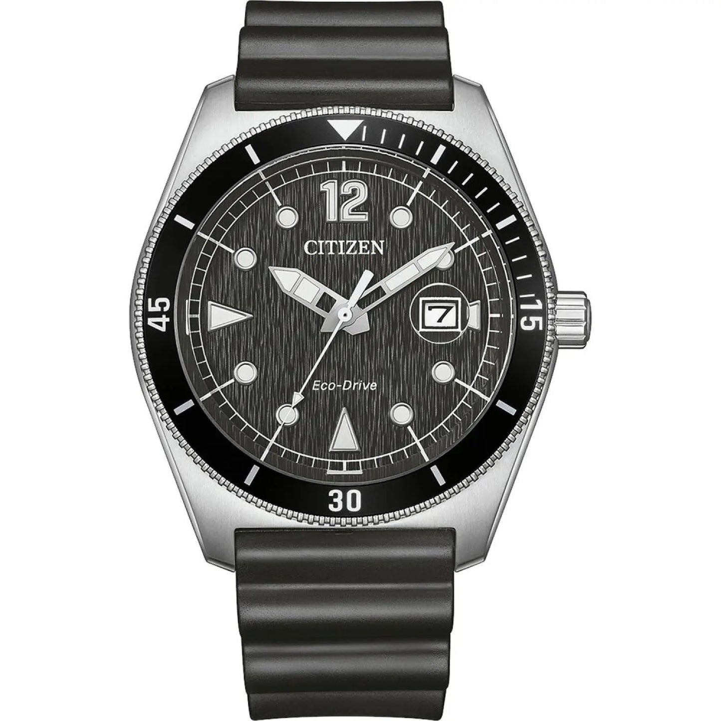 Citizen AW1889-00E Marine 188 men's analog watch features a solar Eco Drive movement, 43mm steel barrel case, polyurethane strap, luminous hands, black dial, and 10 ATM water resistance for luxury sports wear.