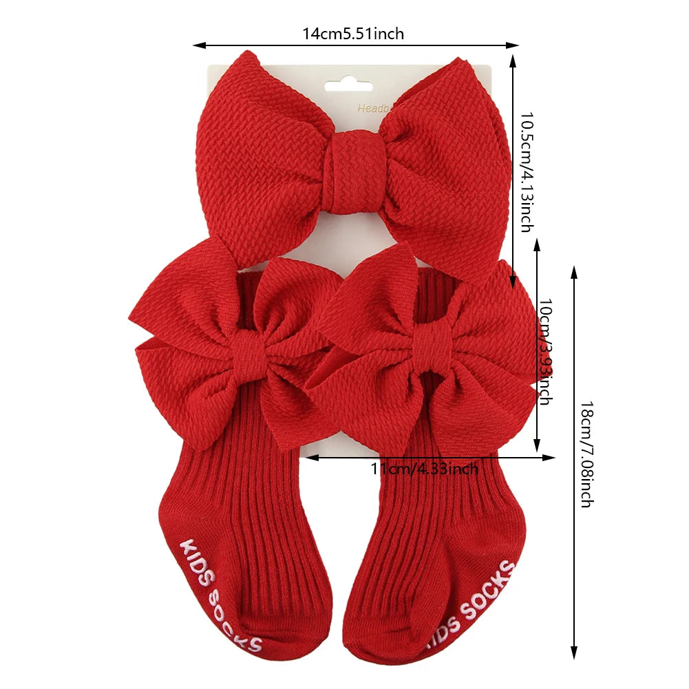Diademas elásticas de nailon para bebé, calcetines antideslizantes, lazo grande, calcetines hasta la rodilla, calcetines de algodón, ropa de maternidad, 0-12 meses, juego de 3 piezas
