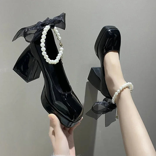 Elegante arco quadrado toe salto alto para mulheres, bombas de moda preta, salto grosso, festa de casamento, sapatos de renda pérola para senhoras