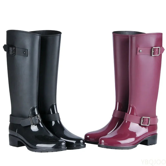 Estilo punk zíper botas altas femininas cor pura botas de chuva ao ar livre sapatos de água de borracha para o sexo feminino 36-41 plus size