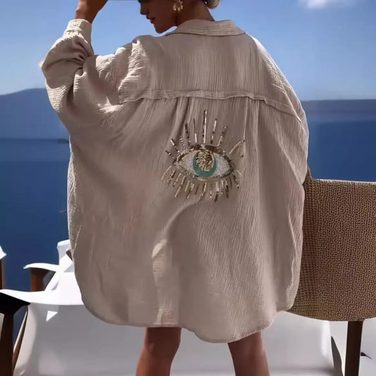 Evil Eye Camisa Casual Moda Feminina Estilo Praia Botão Solto Protetor Solar Camisa de Linho de Algodão Vestido Verão Casual Mulheres Top