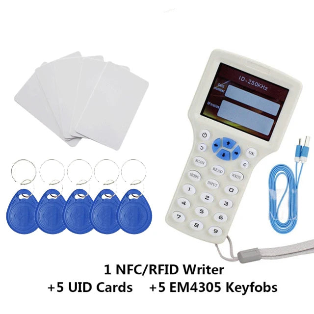 Lector/escritor RFID de 10 frecuencias, copiadora, duplicadora IC/ID con cable USB para tarjetas de 125 Khz y 13,56 Mhz, duplicadora de pantalla LCD.
