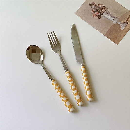 Ins Style Dessert Steak Stainless Steel Knife Fork Spoon Kitchen Dinnerware Checkerboard Lattice Glossy Ceramic Handle 3pcs/set