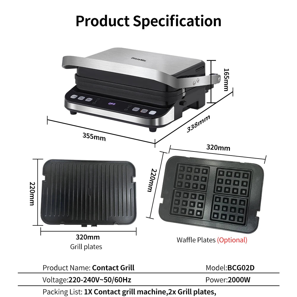 Parrilla de contacto eléctrica BioloMix de 2000 W, plancha digital y prensa para paninis, placas para waflera opcionales, apertura de 180 grados.