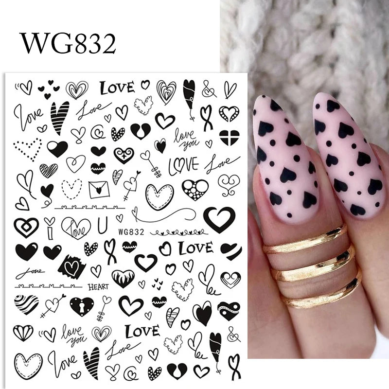 1Sheet 3D Red Heart Laser Nail Sticker Black Letter Star Line Self-Adhesive Slider Valentine's Day Series Nail Decals Decoration