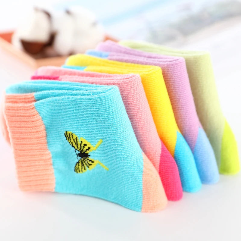 Calcetines de primavera y otoño para niñas, calcetines de colores de caramelo de algodón con mariposas para niñas de 1 a 16 años, 5 par/lote