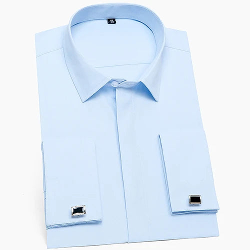 Camisa de vestir clásica para hombre, color liso, con puños franceses, cierre frontal, estilo formal, de negocios, corte estándar, manga larga, para oficina y trabajo, color blanco
