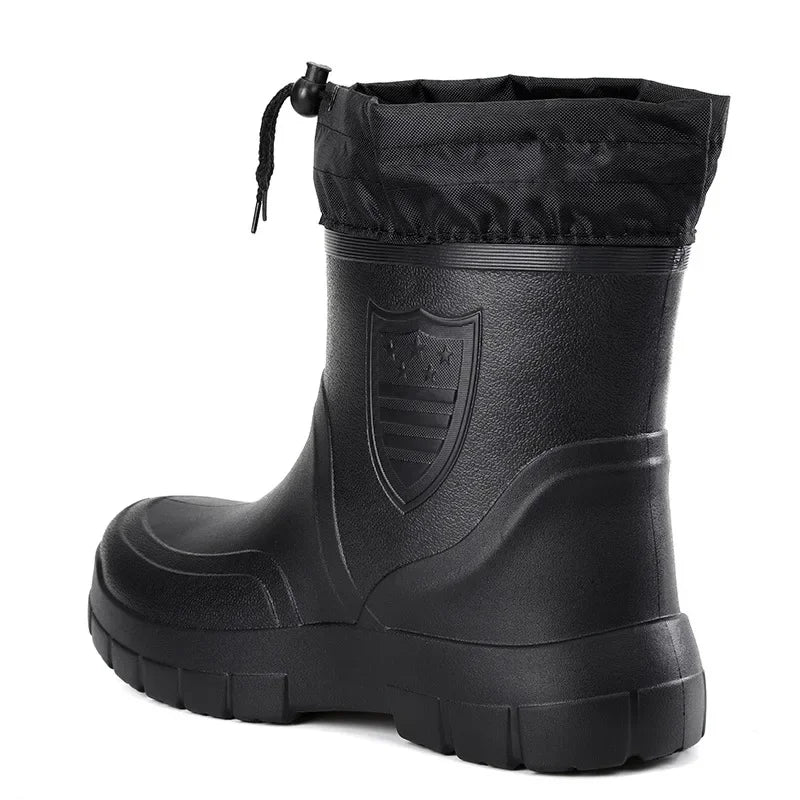Botas de lluvia de algodón para hombre, ligeras, cálidas y resistentes al viento, a la moda, negras, sin cordones, impermeables, para invierno, 2024