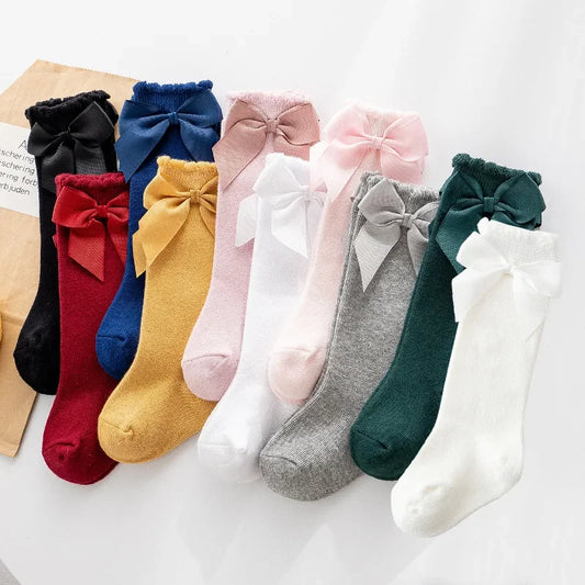 Calcetines de princesa hasta la rodilla para niños, suministros para bebés, calcetines para recién nacidos, calcetines de algodón con lazo, calcetines de tubo medio para niñas, otoño e invierno.