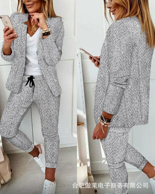 Roupa de duas peças para senhoras, terno com gola entalhada, jaqueta de manga comprida, calça casual elegante roupa de trabalho de escritório, moda, 2023