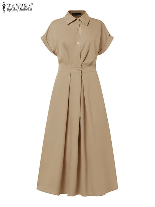 Women Summer OL Work Dress ZANZEA Elegant Short Sleeve Office Sundress Casual Solid A Line Buttons Holiday Vestidos Kaftan Robe