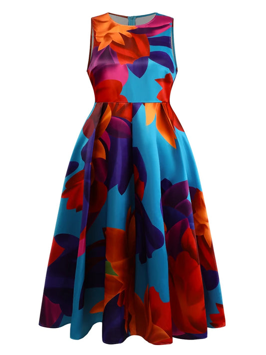 Vestido largo de noche para mujer, de talla grande, sin mangas, plisado, estilo A, para fiesta, estampado floral, informal, vintage, con cuello redondo