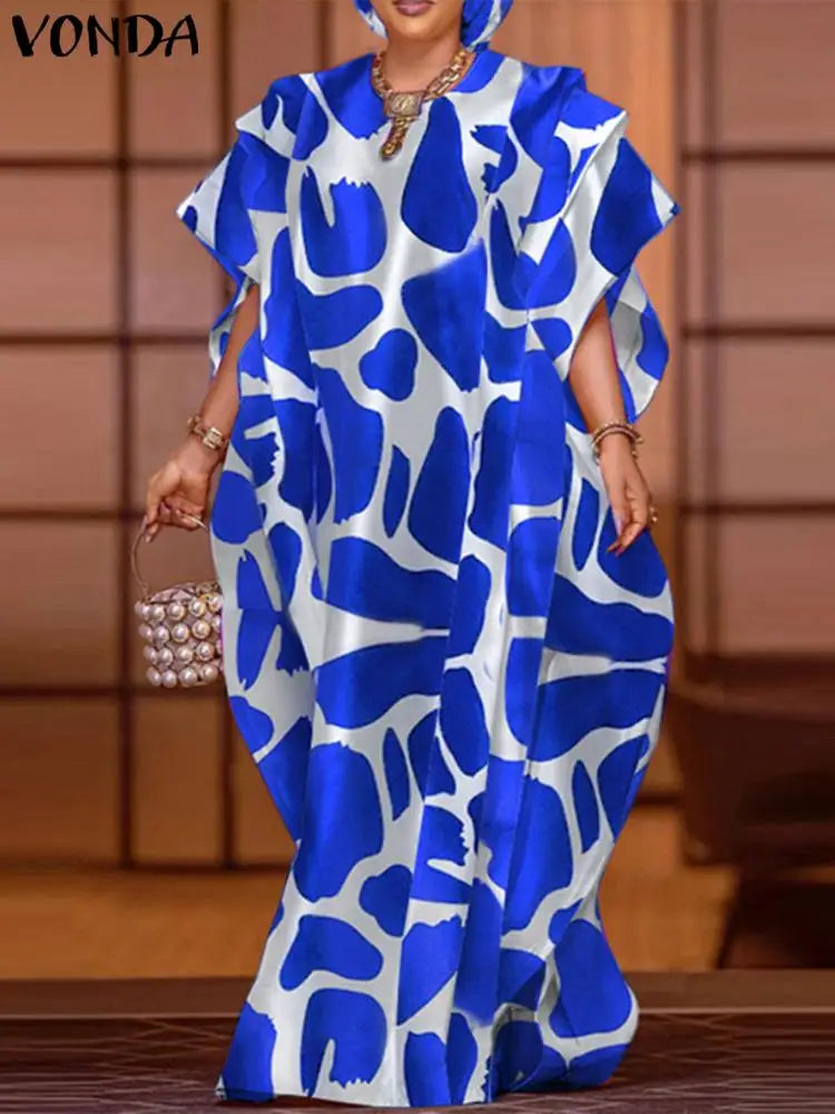Plus Size VONDA Bohemian Summer Women Ruffled Maxi Dress Printed Long Sundress Casual Short Sleeve Loose Oversized Party Vestido