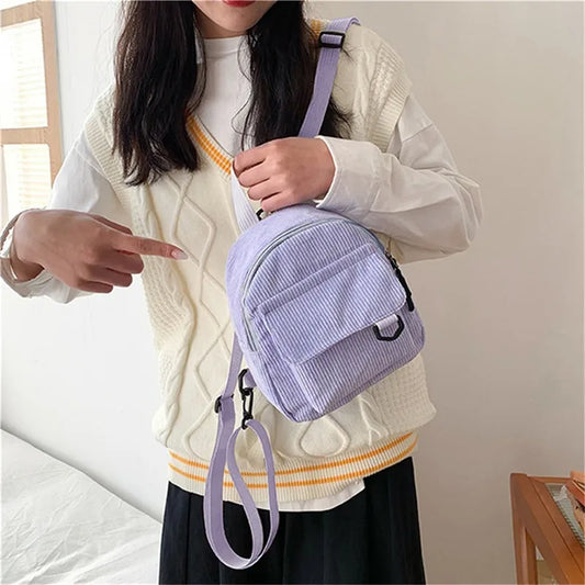 Women's Mini Backpack Fashion Solid Color Corduroy Small Simple Casual Traveling Large Capacity Durable Female's Schoolbag