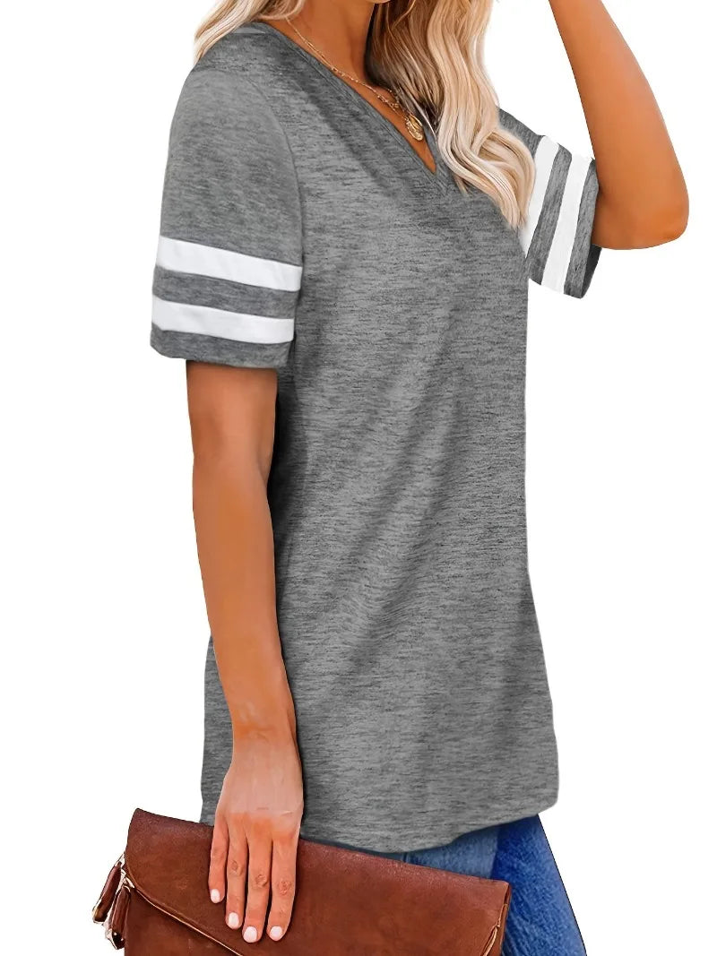 Feminino plus size 1xl-8xl casual com decote em v manga curta cor sólida solta camiseta esportes ao ar livre topo roupas femininas