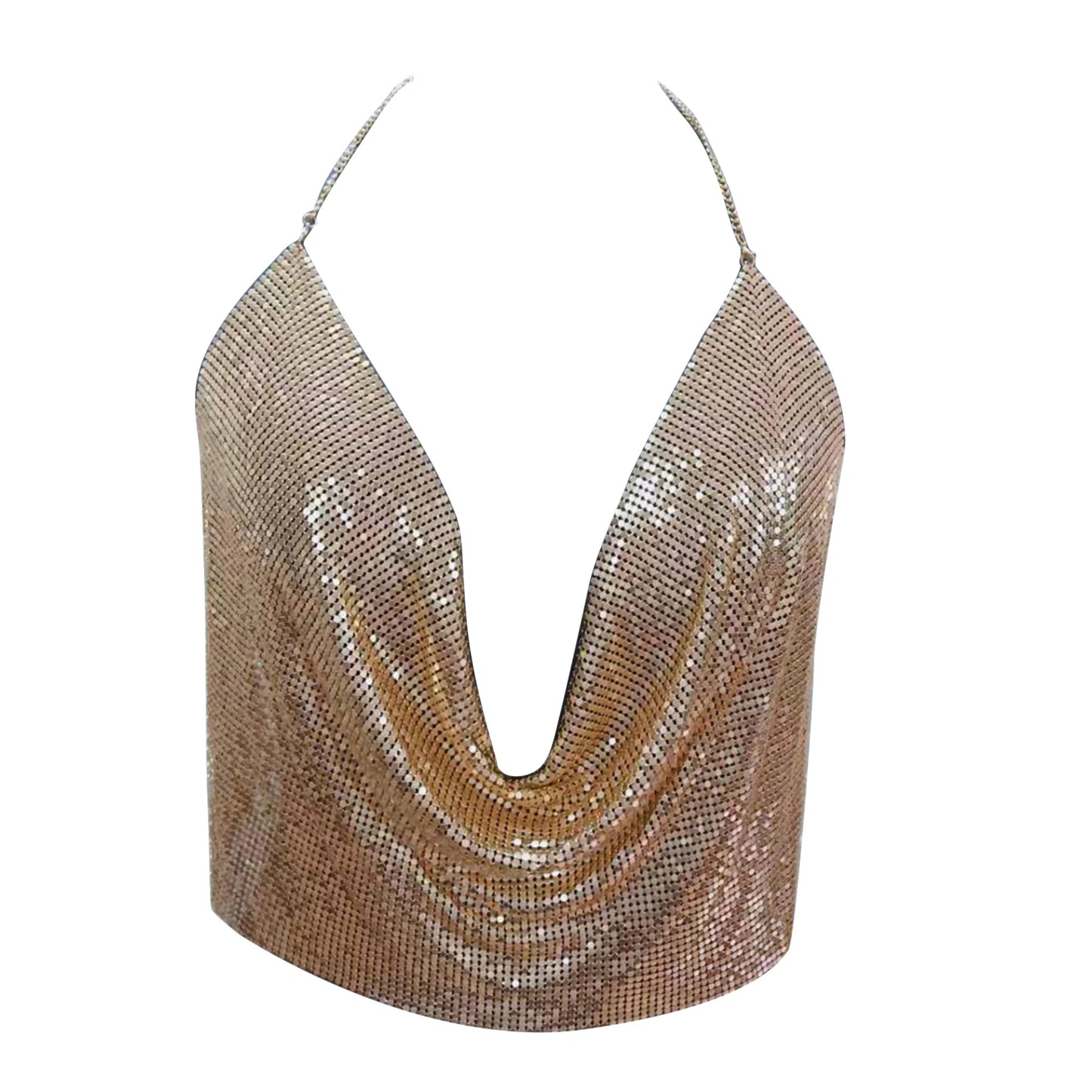 Camisola ClubWear para mujer, ropa de calle Y2k, top corto con lentejuelas metálicas, espalda descubierta, cinturón acolchado, top halter ajustable